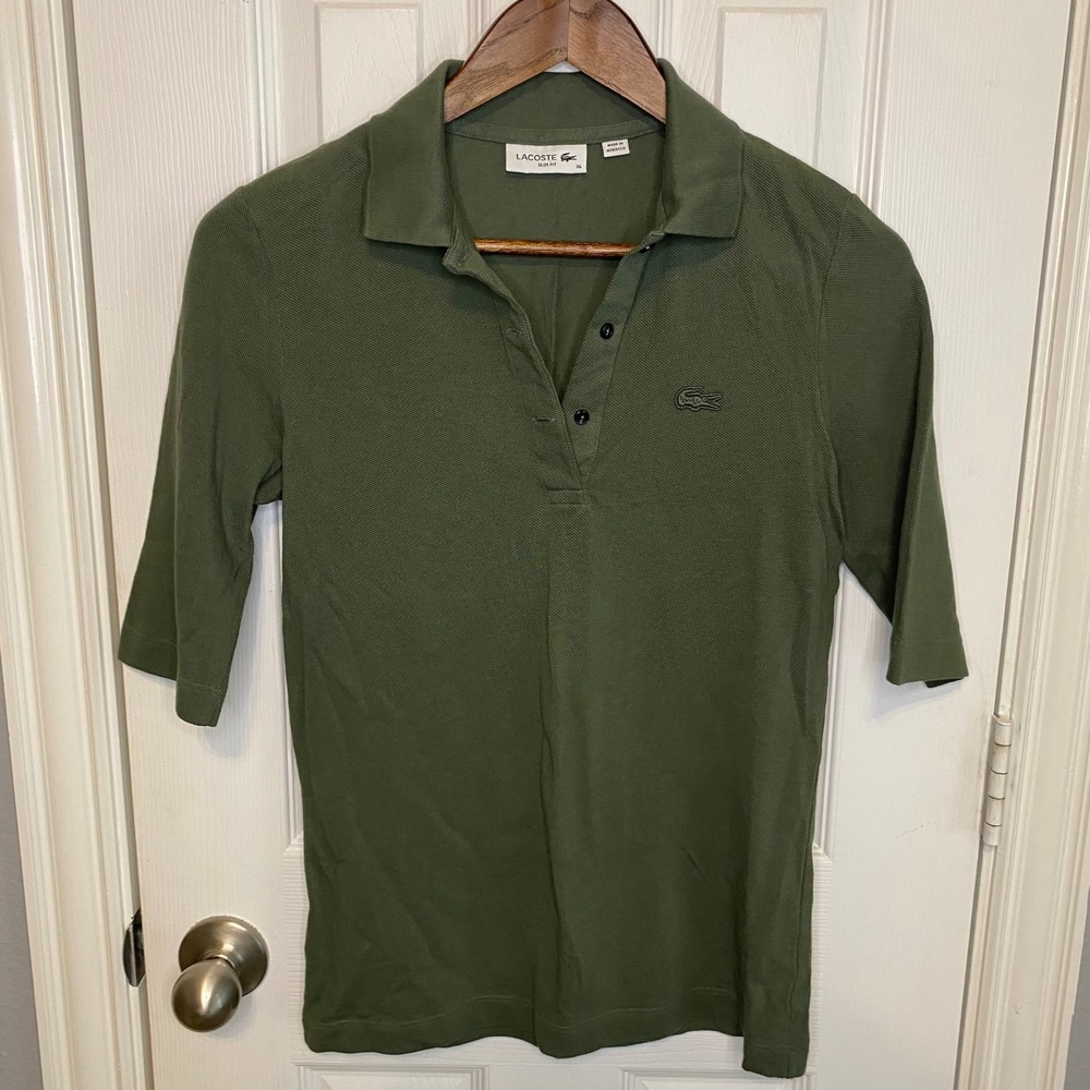 Lacoste Womens 36 Slim Fit 3/4 Sleeve Polo Shirt Olive Green Cotton Pique